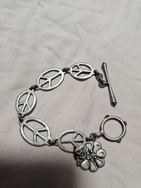 Silver Peace Sign Bracelet with Flower Charm - Women Jewelry